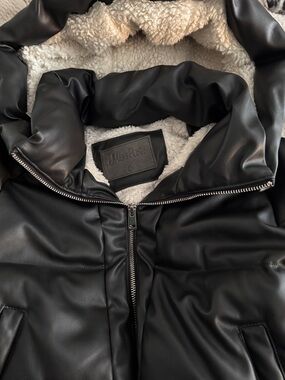 Kids Black Faux-Leather Puffer Jacket with Hood